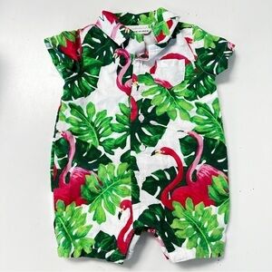 Janie & Jack Baby Tropical Flamingo Linen Romper 0-3M 🦩